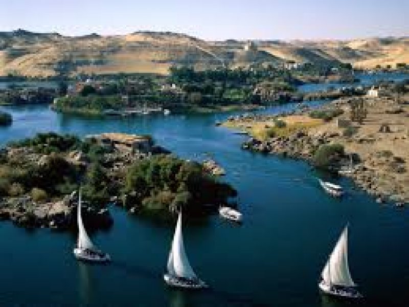 Sailboats on the Nile River in Aswan, Egypt.