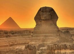 The sphinx and pyramids at sunset in Giza, Egypt, part of the Holy Family Trail.
